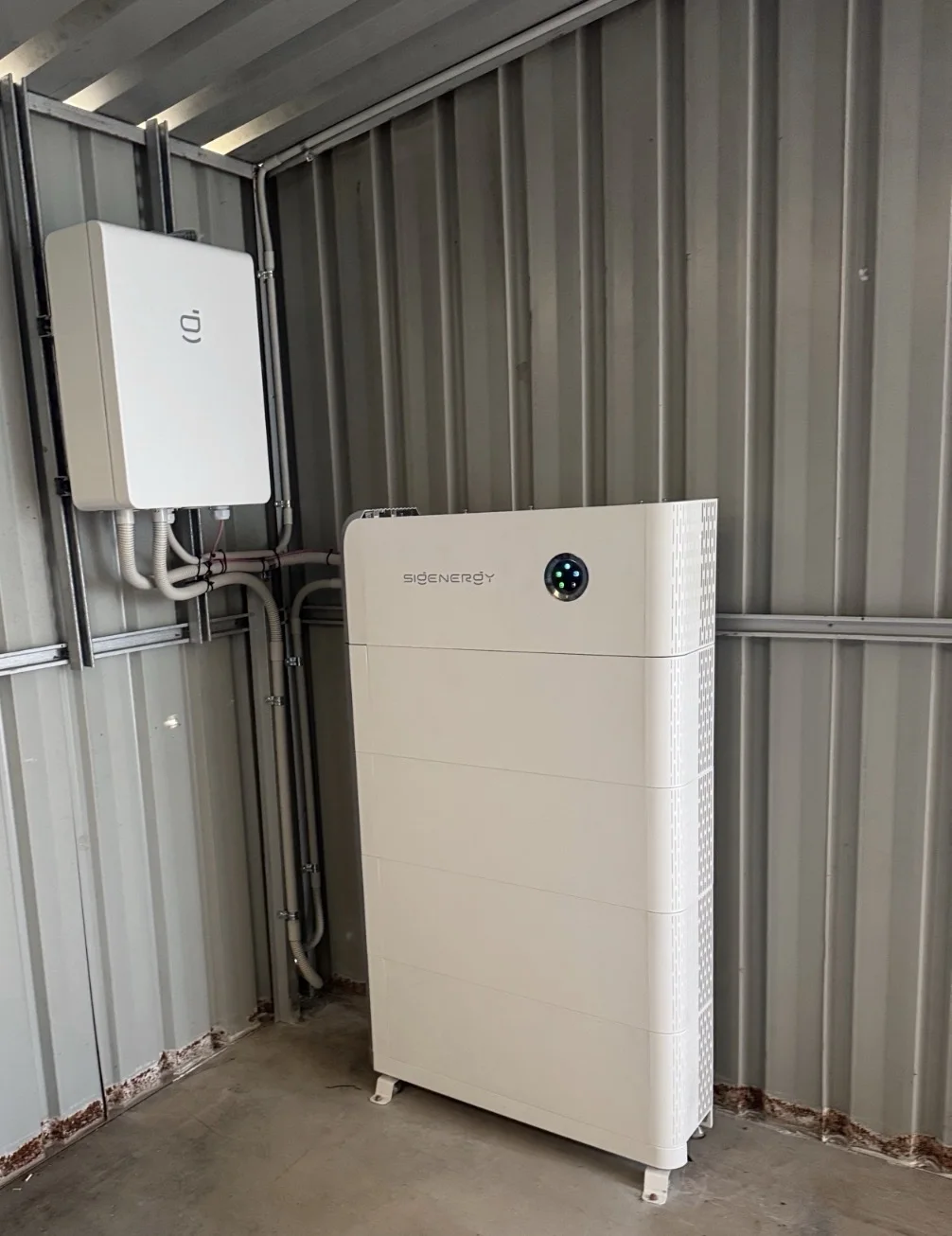 Sigenergy inverter, gateway and battery stack installed in the shed at the Popanyinning off-grid home