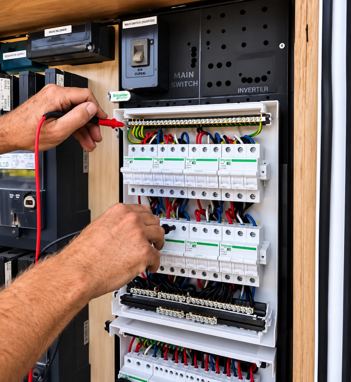 Electrician testing breakers in a switchboard